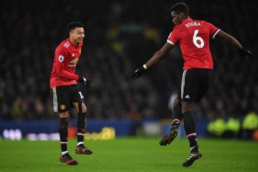 Jesse Lingard y Paul Pogba del Manchester United. AFP