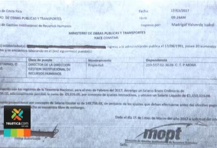 Falsifican constancia salarial de un funcionario del MOPT y sacan millonario préstamo