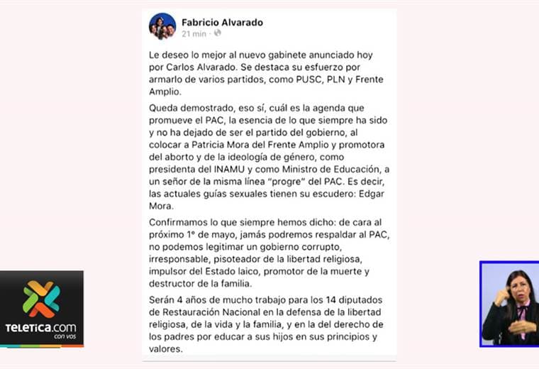 Fabricio Alvarado landó críticas a dos nombramientos del gabinete de Carlos Alvarado