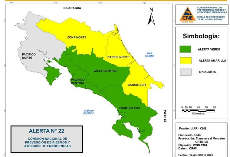 CNE eleva a alerta amarilla la Zona Norte y el Caribe por lluvias