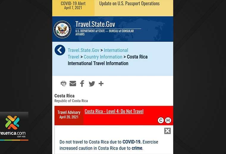 EE. UU. emite alerta máxima para no viajar a Costa Rica por COVID-19