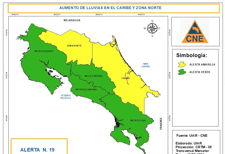 CNE emite alerta amarilla en Zona Norte y Caribe